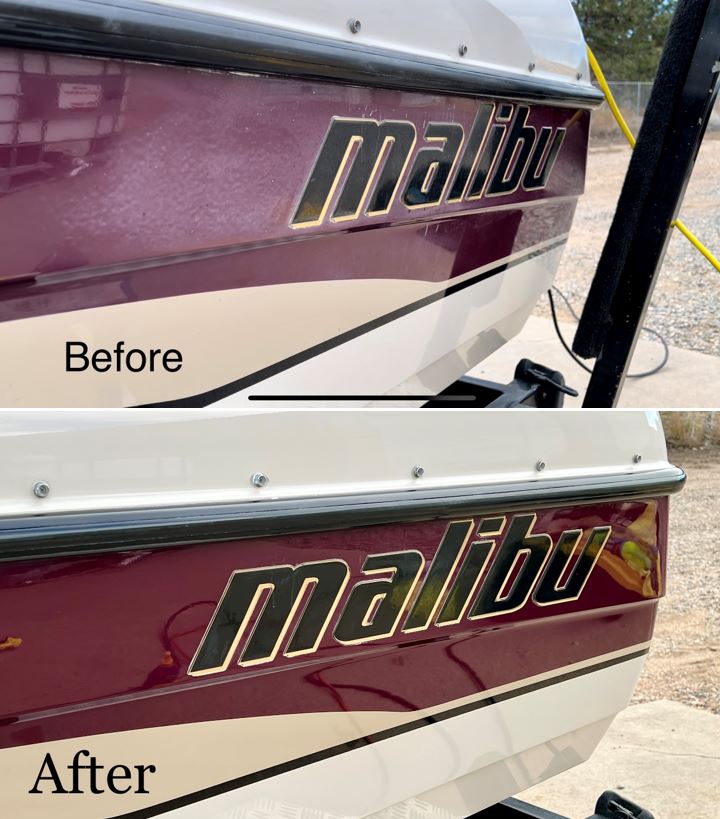 Red Malibu Boat on lake norman before and after gel coat restoration and oxidation