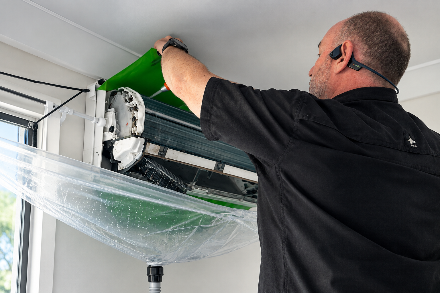 Ross peeling back the cover of a wall mounted split system with a green catch bag and clear collection sheet fitted underneath