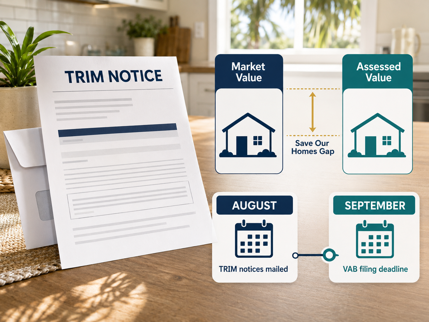 Brevard County TRIM notice document showing market value, assessed value, and the August mailing to September VAB deadline timeline