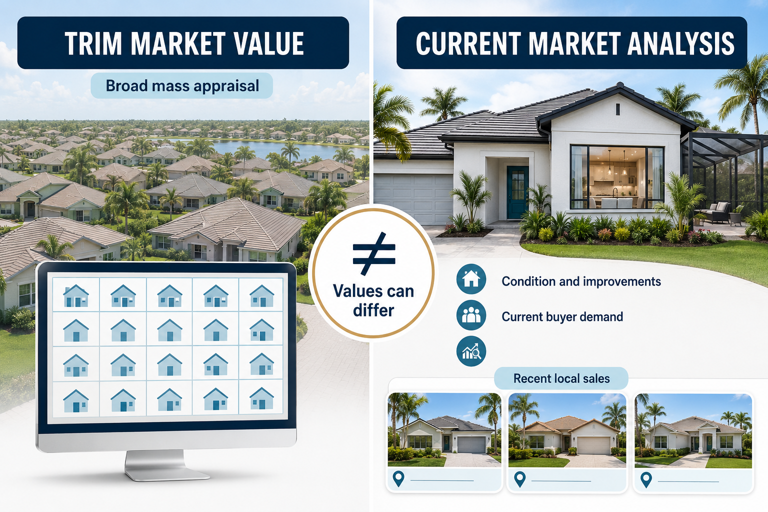 Comparison graphic showing TRIM notice market value can differ from a current market analysis based on condition, improvements, and buyer demand