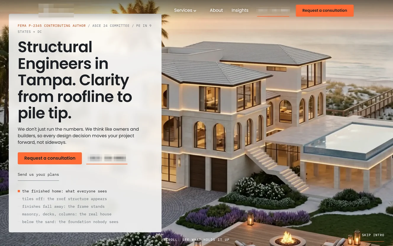 The home page of a website we built for an engineering firm; the firm's name, logo and phone number are obscured