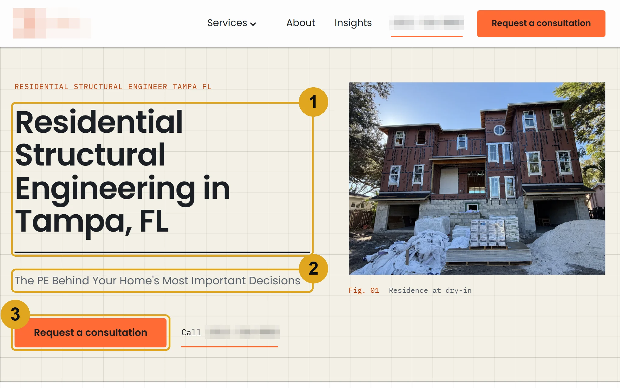 A service page we built for a structural engineering firm, with three numbered outlines: the title, the line under it and the request button; the firm's name, logo and phone number are obscured