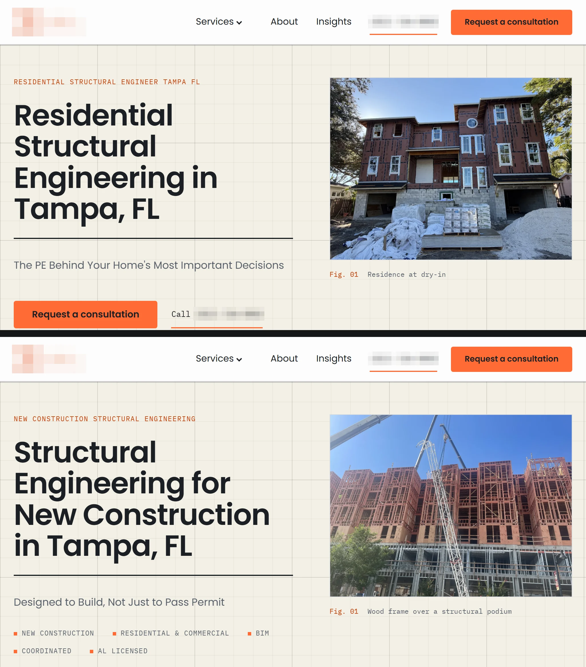 Two service pages from one structural engineering firm's website, one for residential work and one for new construction; the firm's name, logo and phone number are obscured