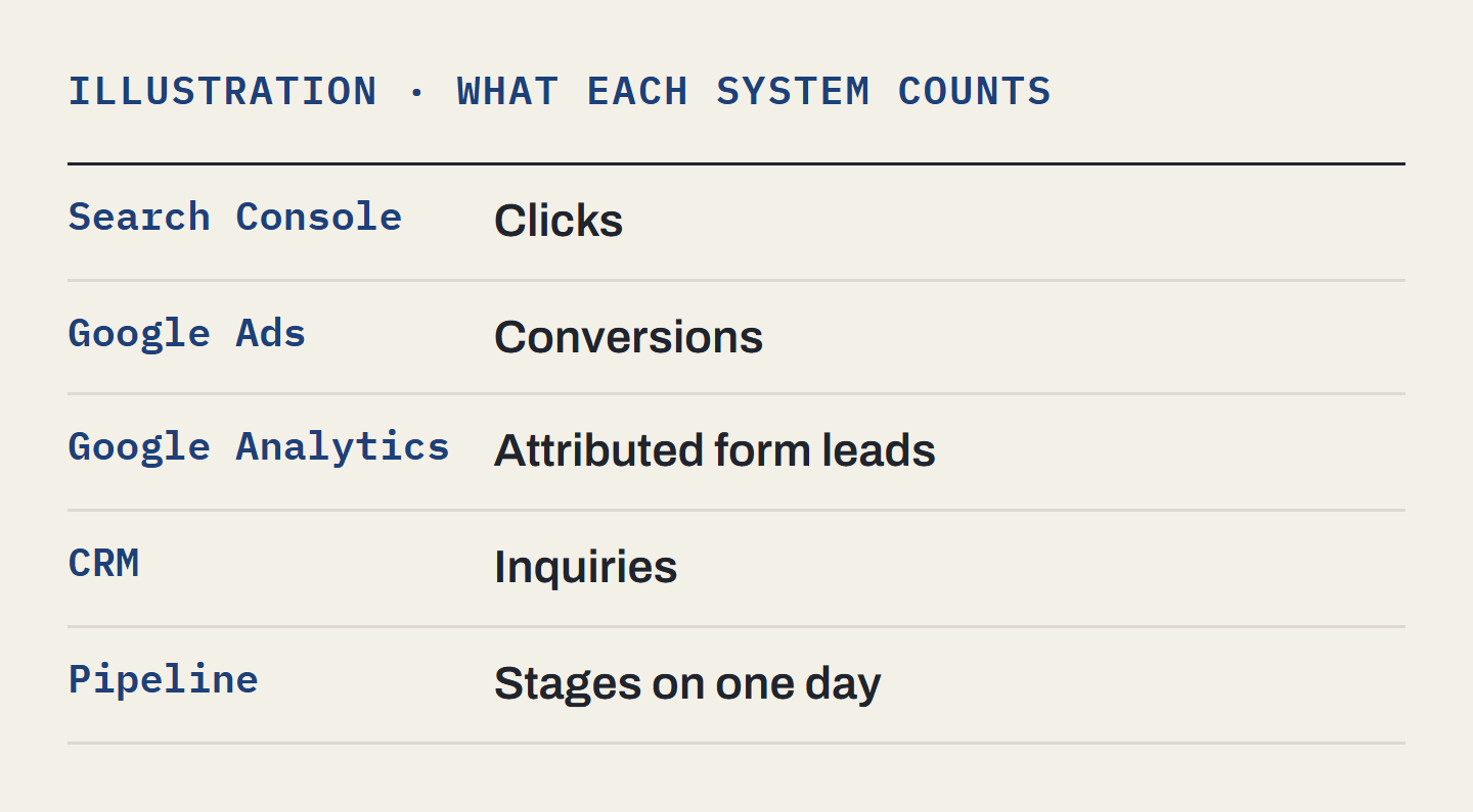 Illustration of what each system counts: Search Console counts clicks, Google Ads conversions, Google Analytics attributed form leads, the CRM inquiries, the pipeline stages on one day