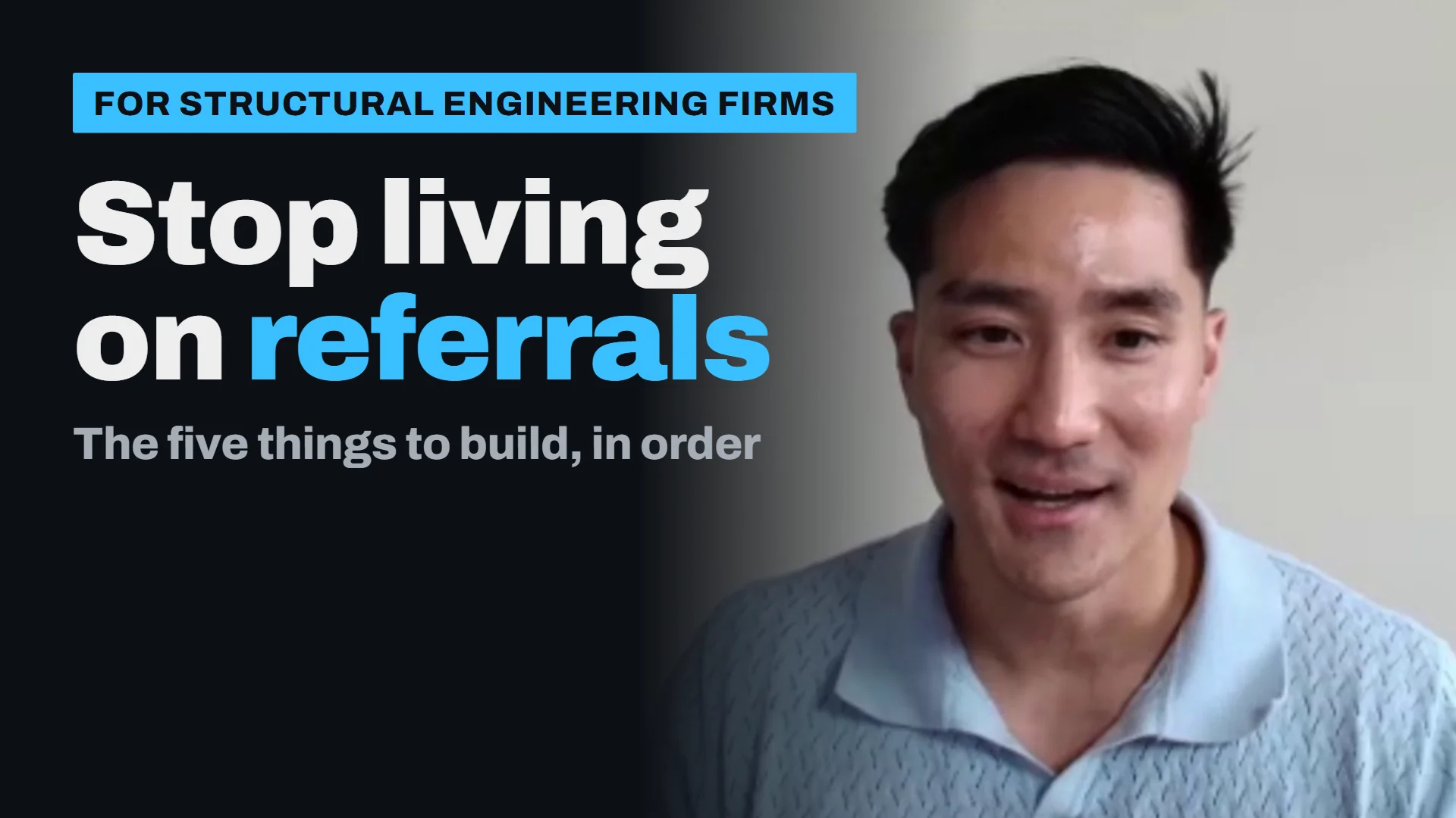 The training's own poster: Stop living on referrals, the five things to build, in order, with Arin Hwang on camera