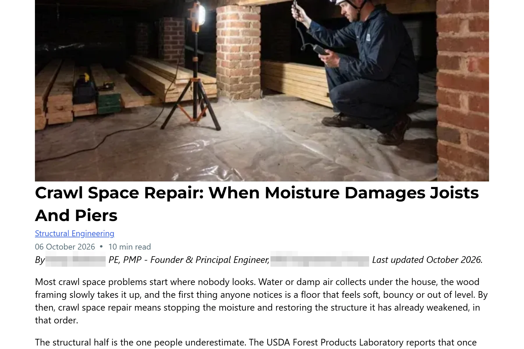 An article about crawl space repair on a client firm's website, with its photograph and headline; the firm's and the author's names are obscured