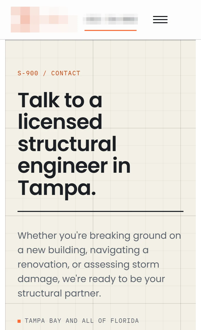 The contact page of a structural engineering firm's website on a phone: the headline, then the request button; the firm's name, logo and phone number are obscured