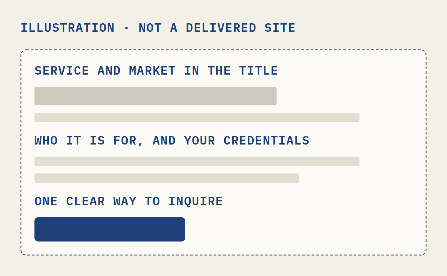 Illustrative wireframe of a civil engineering service page: the service and market in the title, who it is for and your credentials, one clear way to inquire