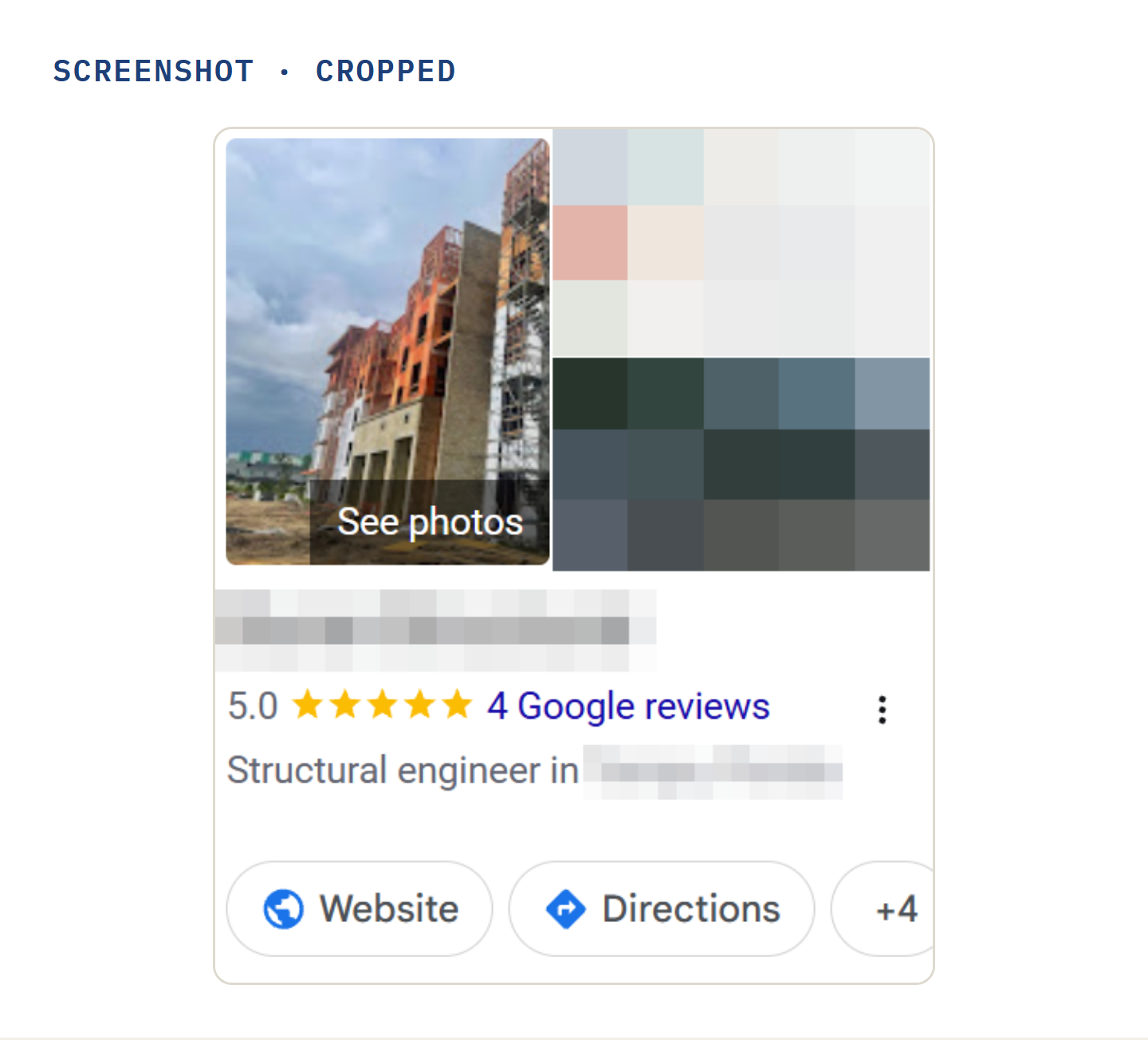 A Google Business Profile panel: a photograph, a 5.0 rating with Google reviews, the category, and the Website and Directions buttons; the firm's name, its locality, the map and the street view are obscured