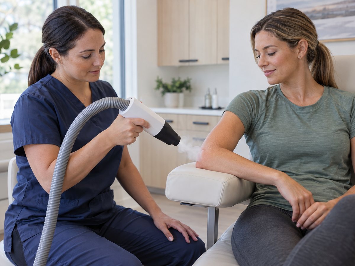 Localized cryotherapy being applied to a client's elbow