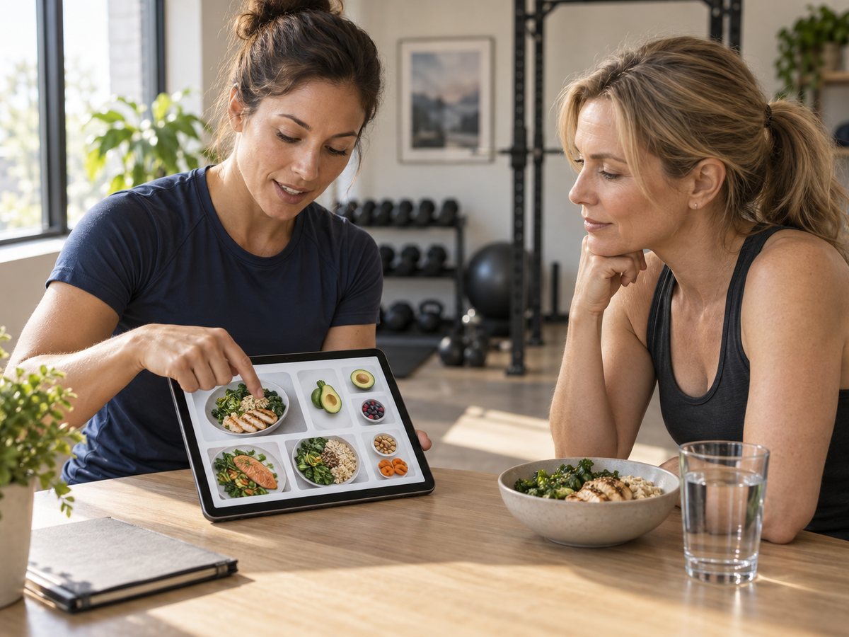 A CoreFit trainer walking a client through a meal plan on a tablet