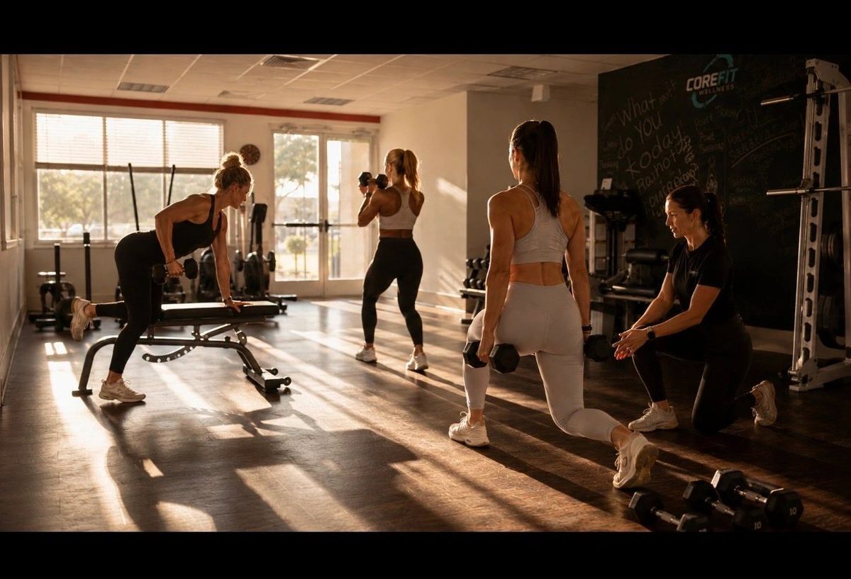 Golden-hour coaching session inside the CoreFit studio