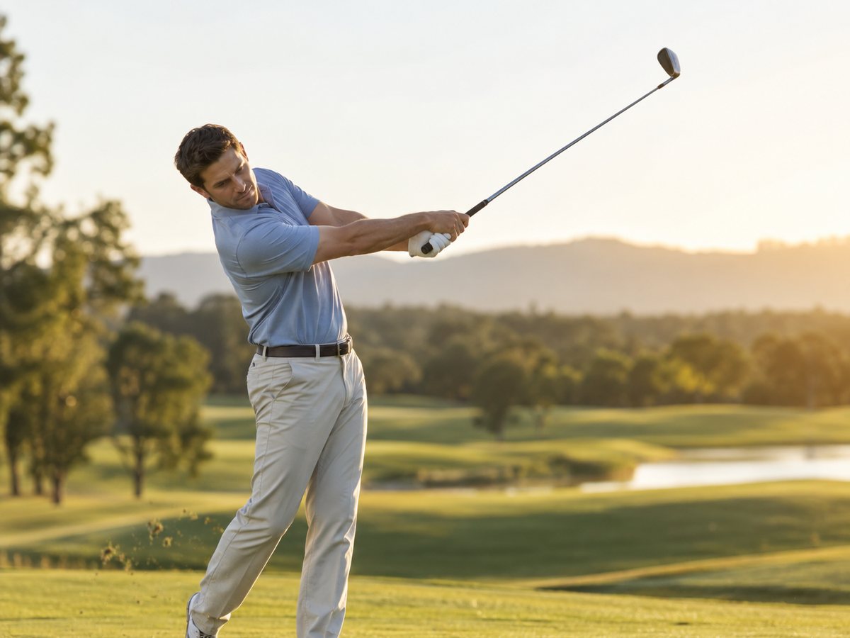 A golfer mid-swing at sunset