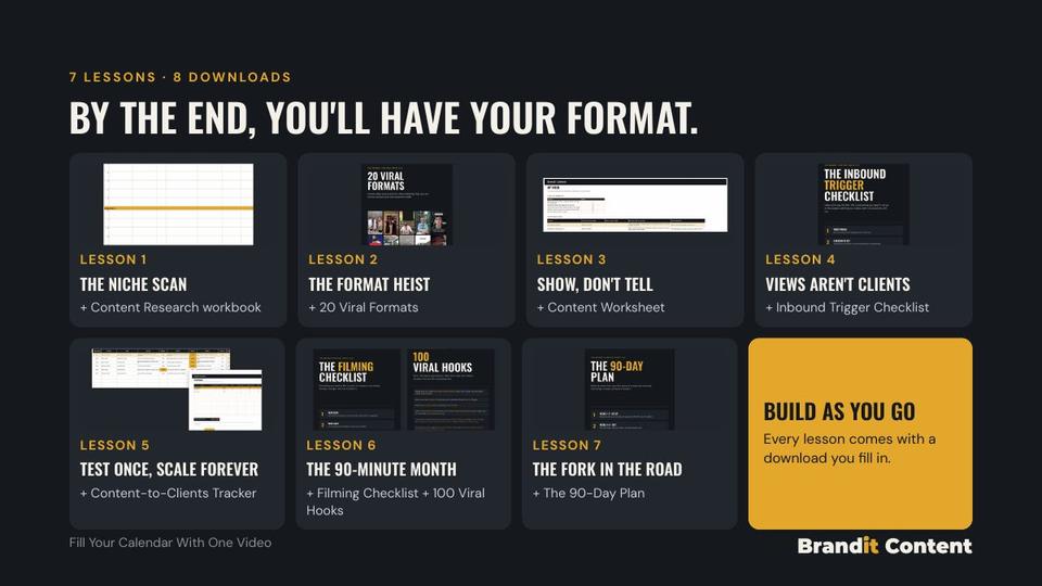 All 7 lessons and 8 downloads in Fill Your Calendar With One Video