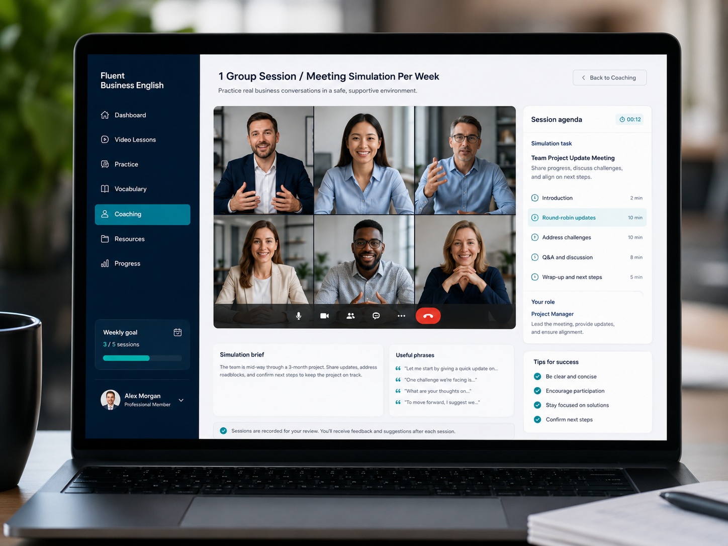 A live group session and meeting simulation in the Fluent Business English platform