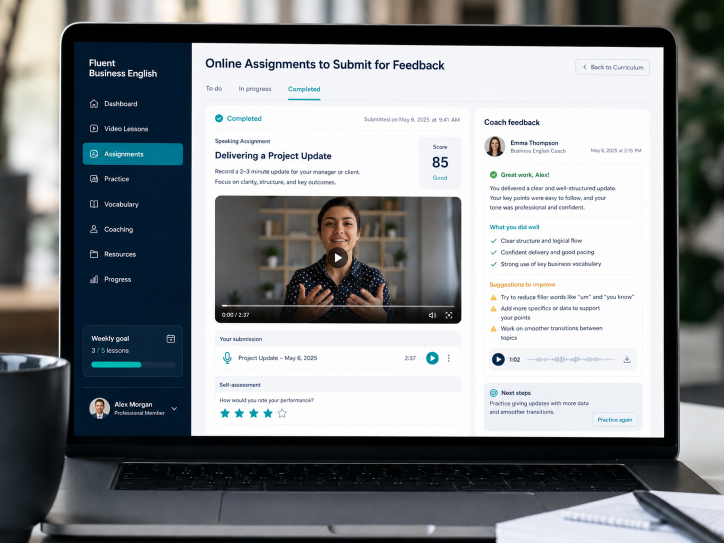 Coach feedback on a submitted speaking assignment in the Fluent Business English platform