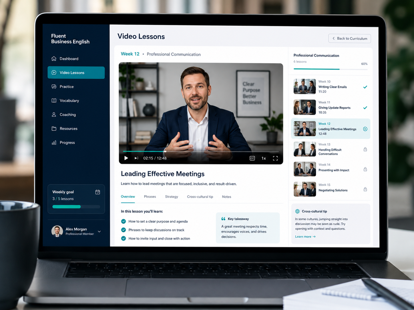Video Lessons screen in the Fluent Business English platform