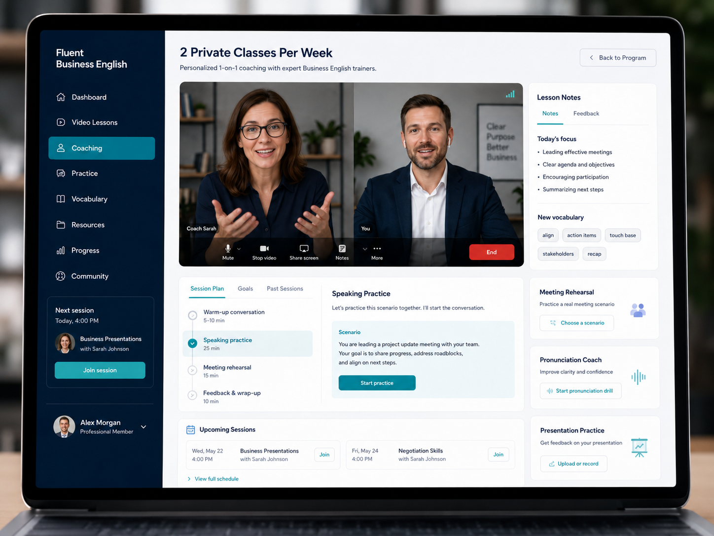 A 1-on-1 private coaching class in the Fluent Business English platform