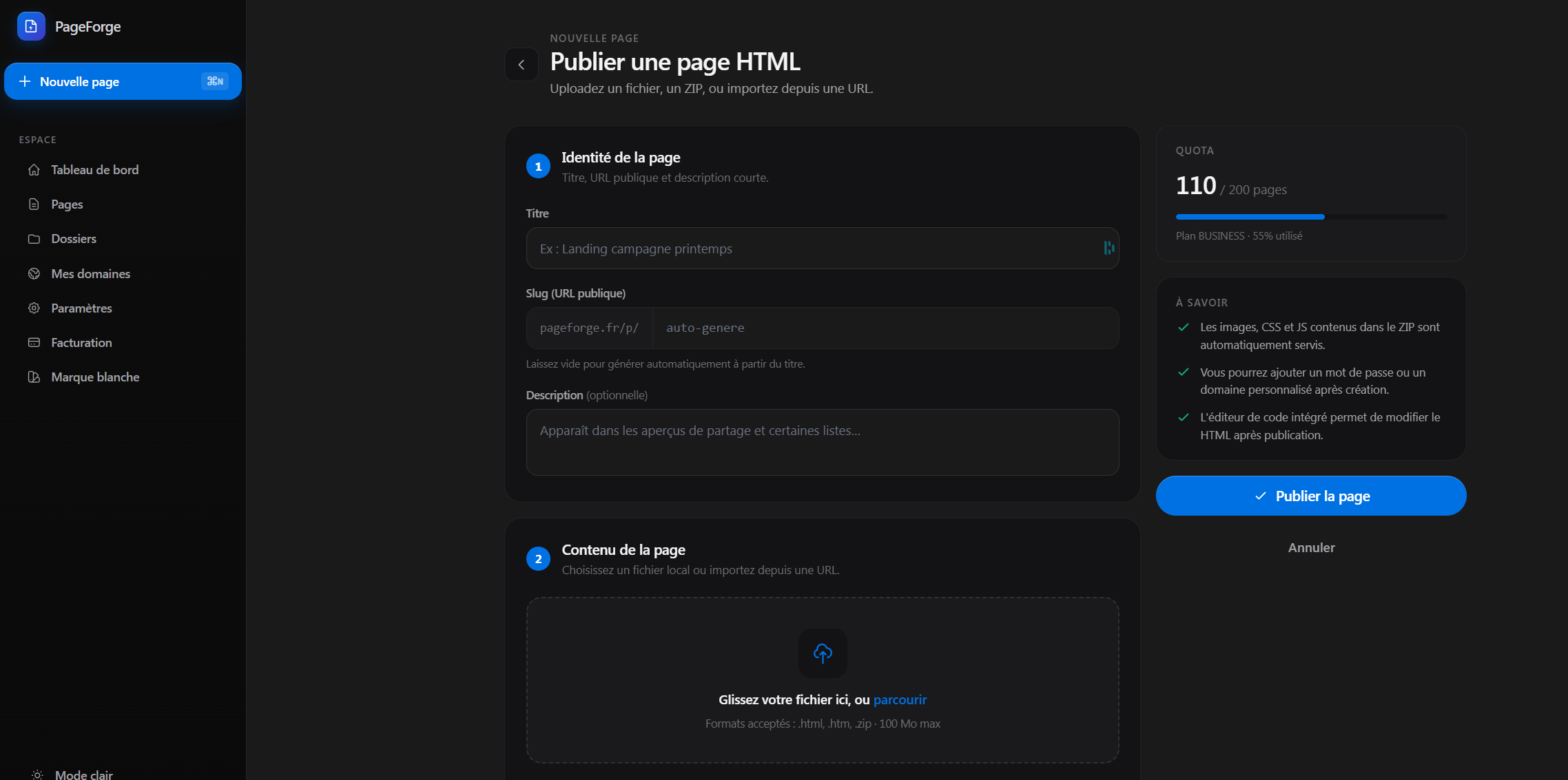 L'écran de création d'une page sur Page Forge