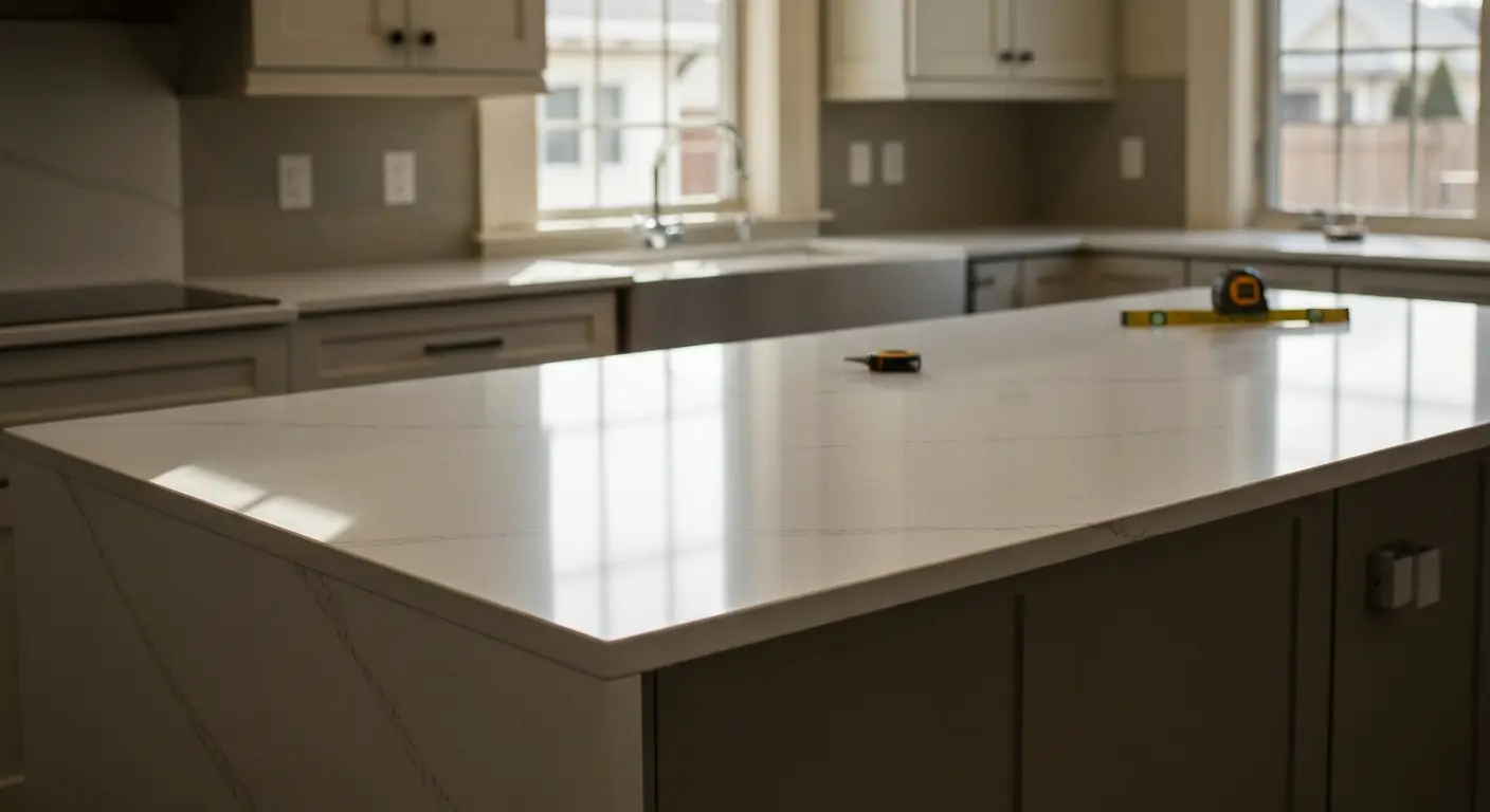 Kitchen island with stone countertop and waterfall edge design