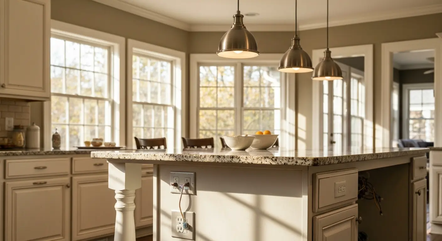 Kitchen island with pendant lighting and electrical outlets