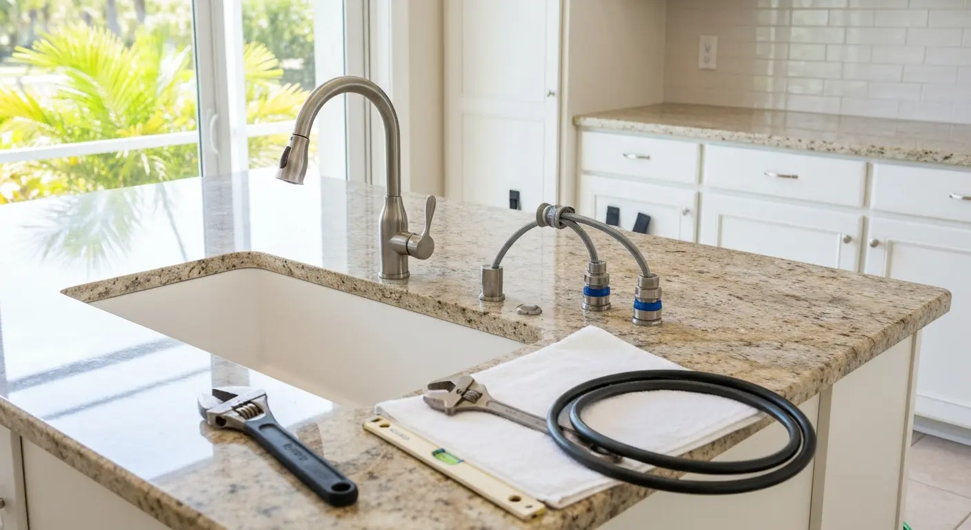Island sink with faucet and plumbing installation