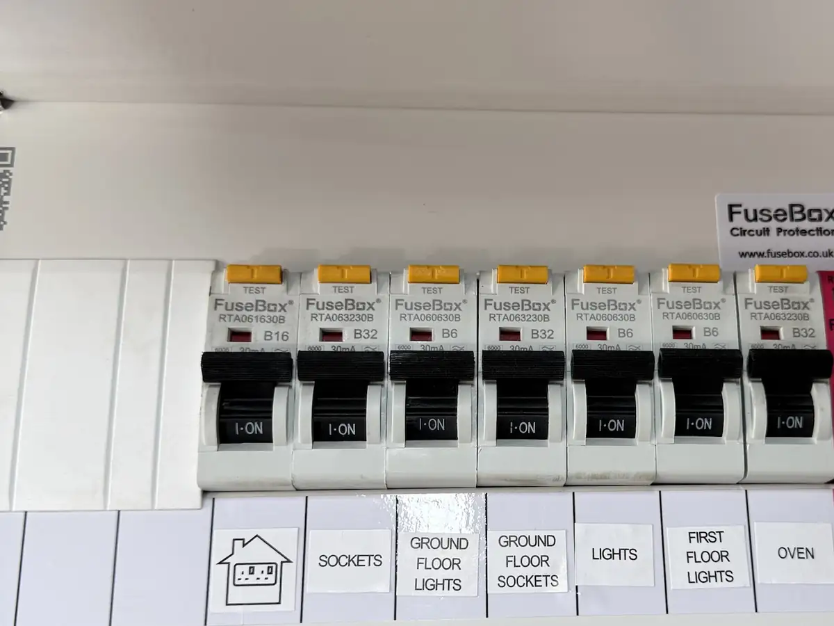 New FuseBox consumer unit with labelled circuits and surge protection installed by CT Electrical