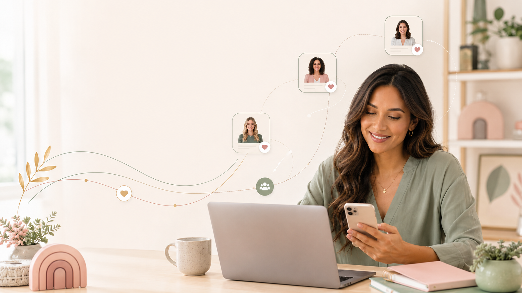 Racially ambiguous therapist in a soft modern workspace using her laptop and phone, representing connection, community, and referral networking inside Carryover Connect™.