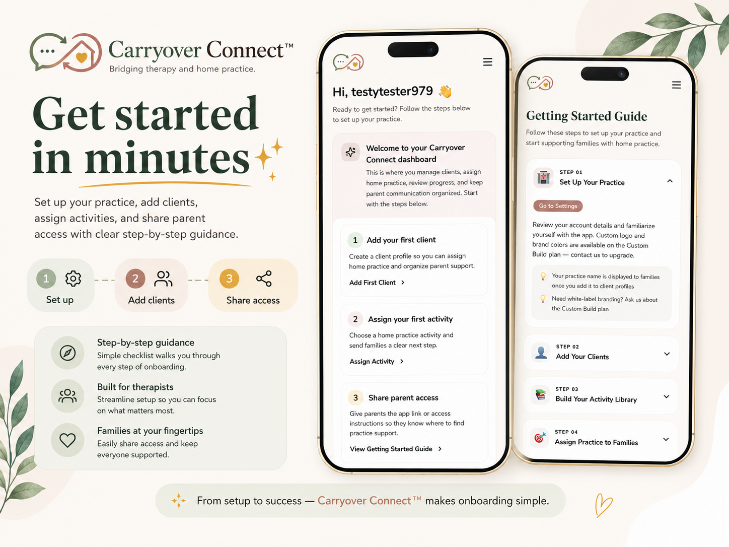 Carryover Connect therapist view for managing clients and assigning practice