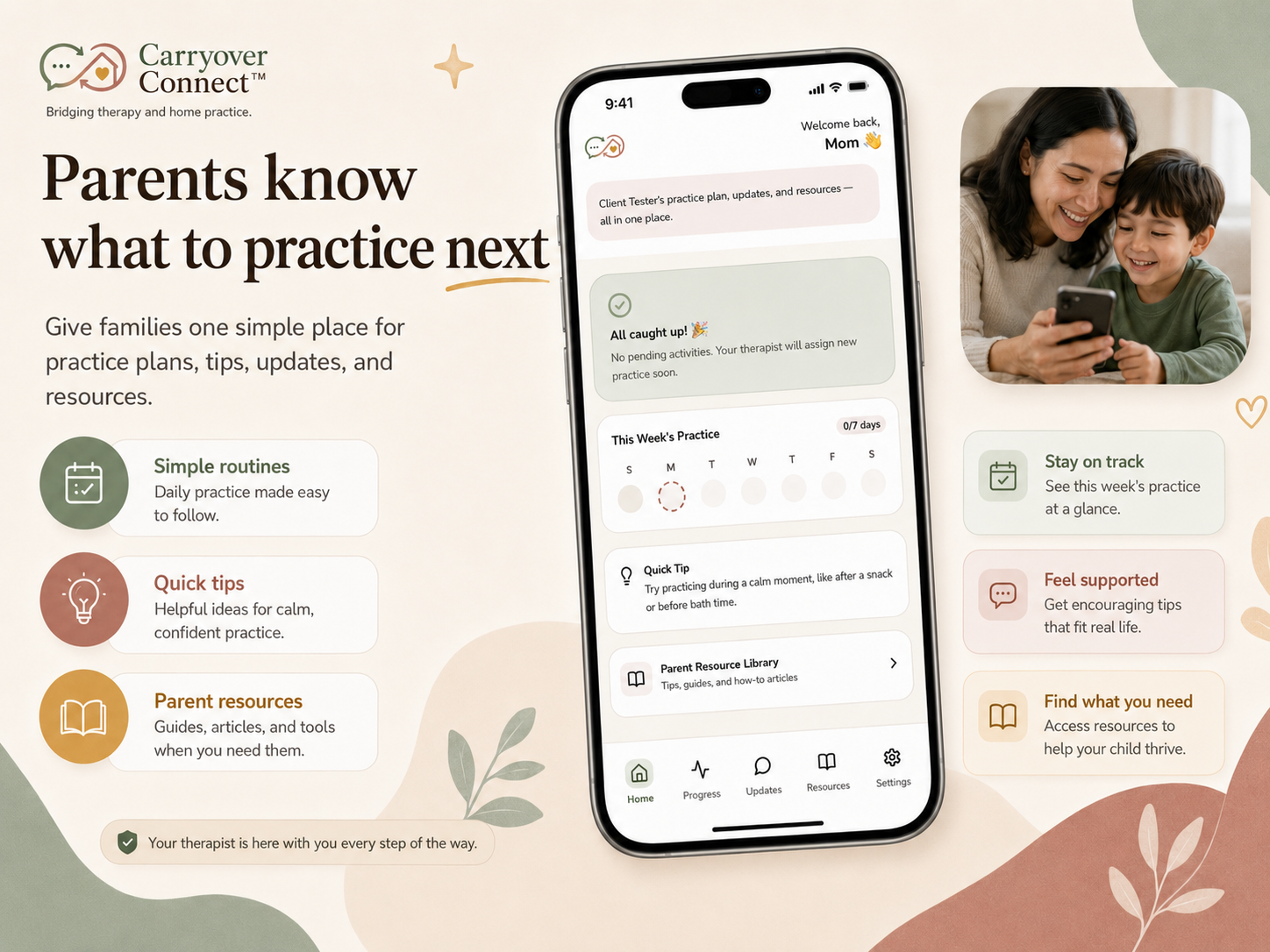 Carryover Connect parent view with practice plans, tips, and resources
