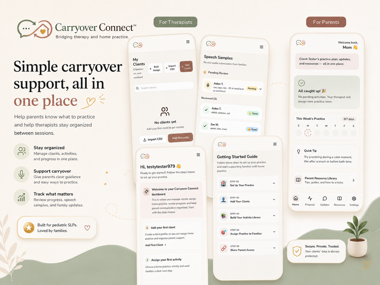 Carryover Connect therapist and parent app views