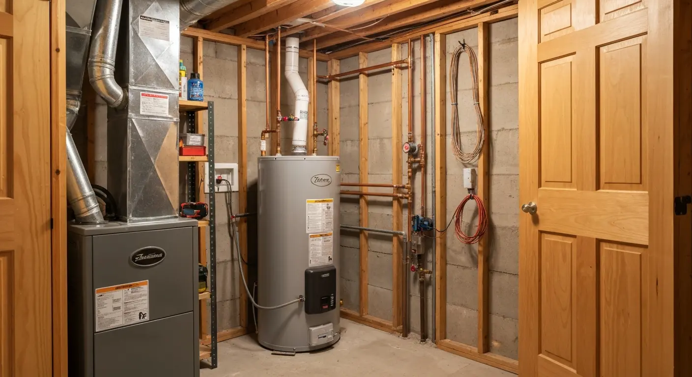Well-organized utility space with water heater and clearance