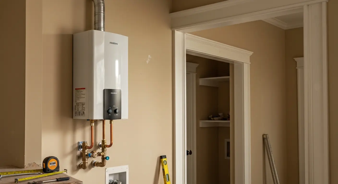 Tankless water heater mounted on wall
