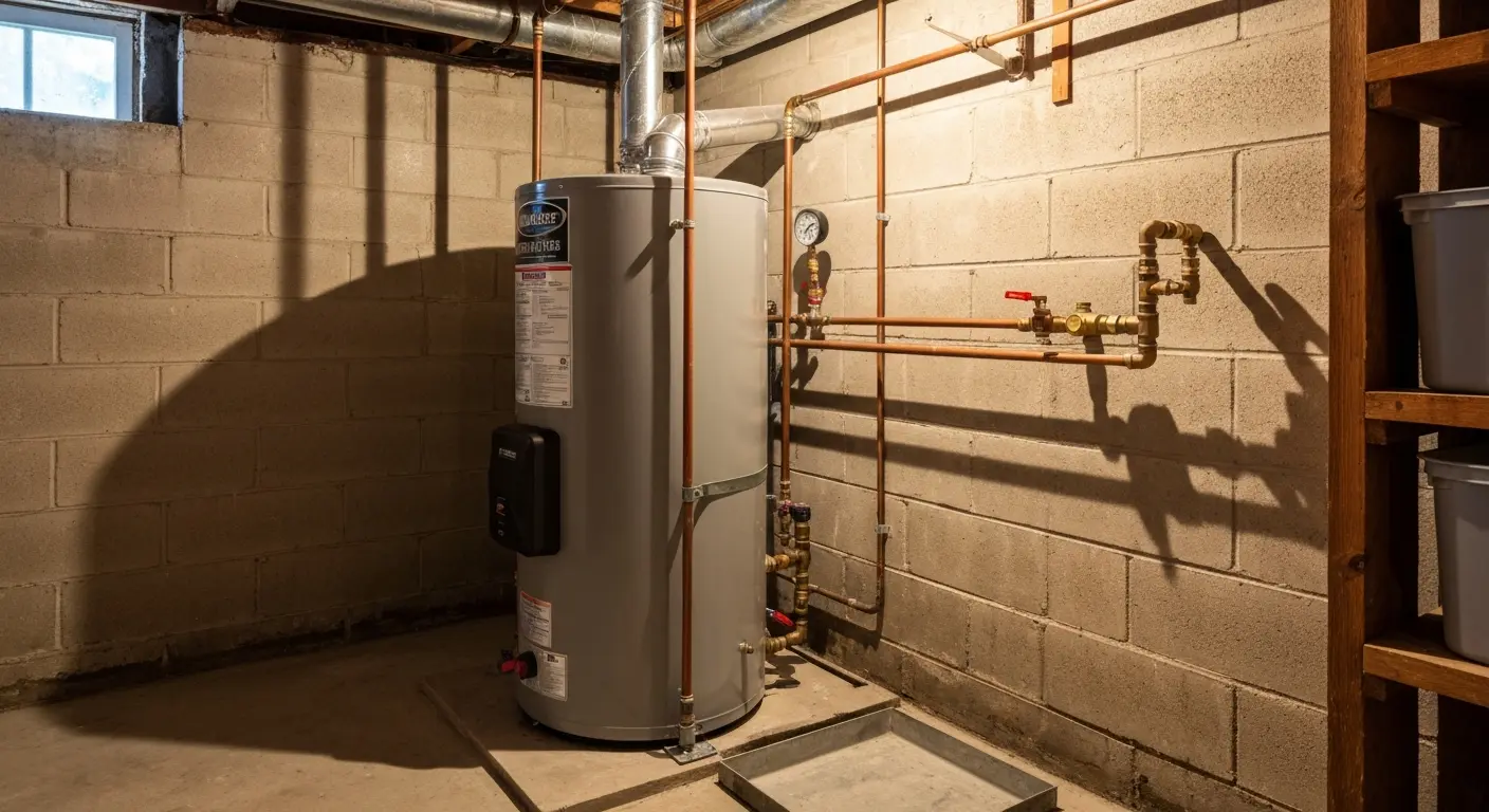 Tank water heater in basement utility space