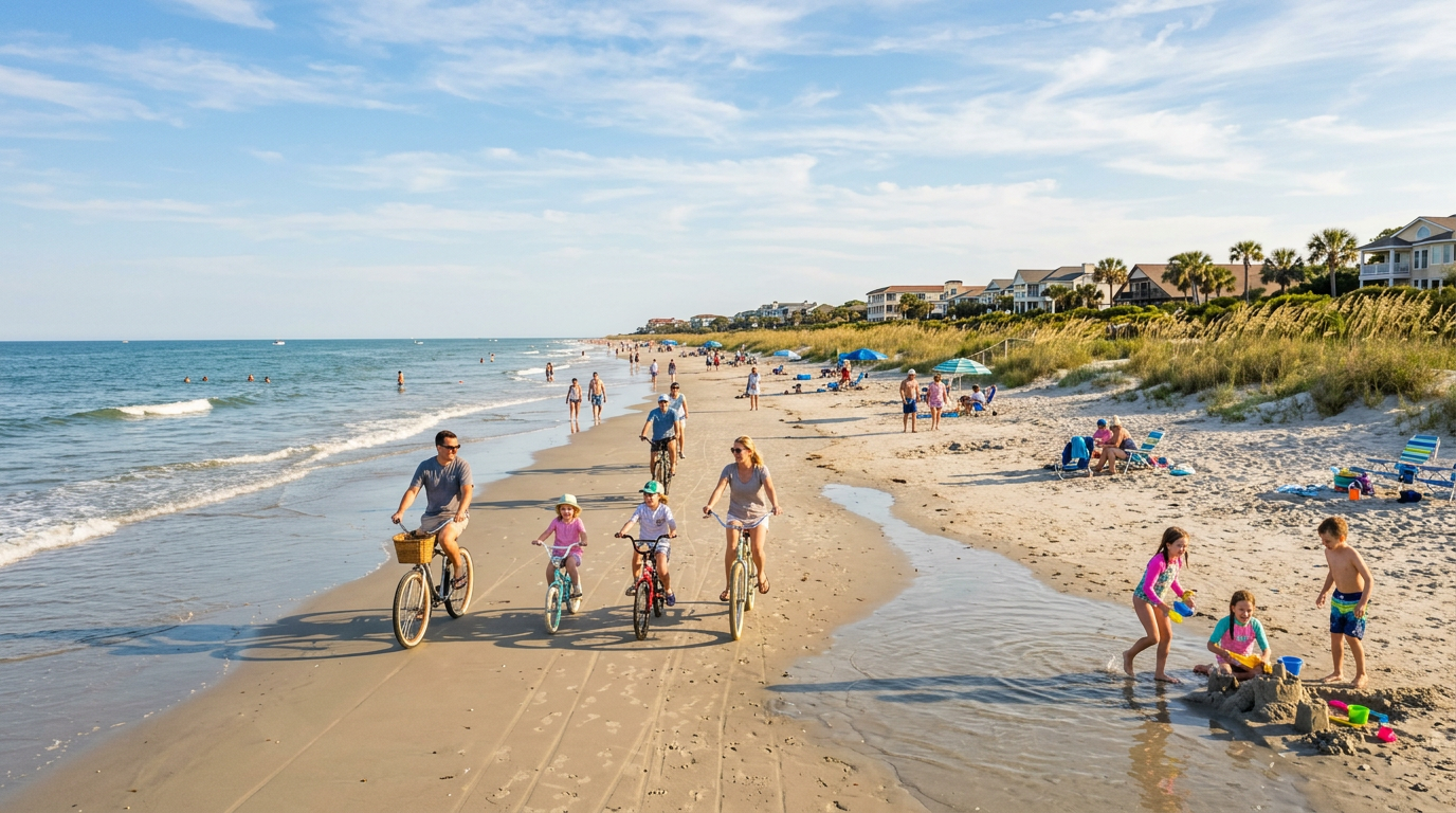 Families riding bikes along the beach on Hilton Head Island during spring break