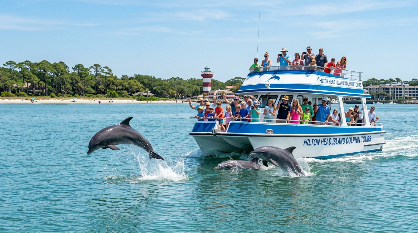 Dolphin swimming near a tour boat on Hilton Head Island