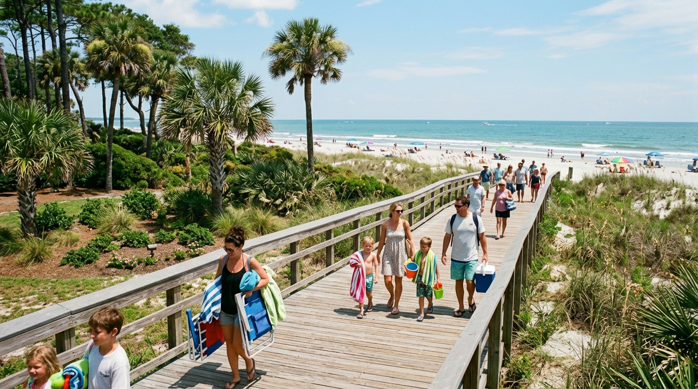 Visitors walking toward the beach at Coligny Beach Park on Hilton Head Island