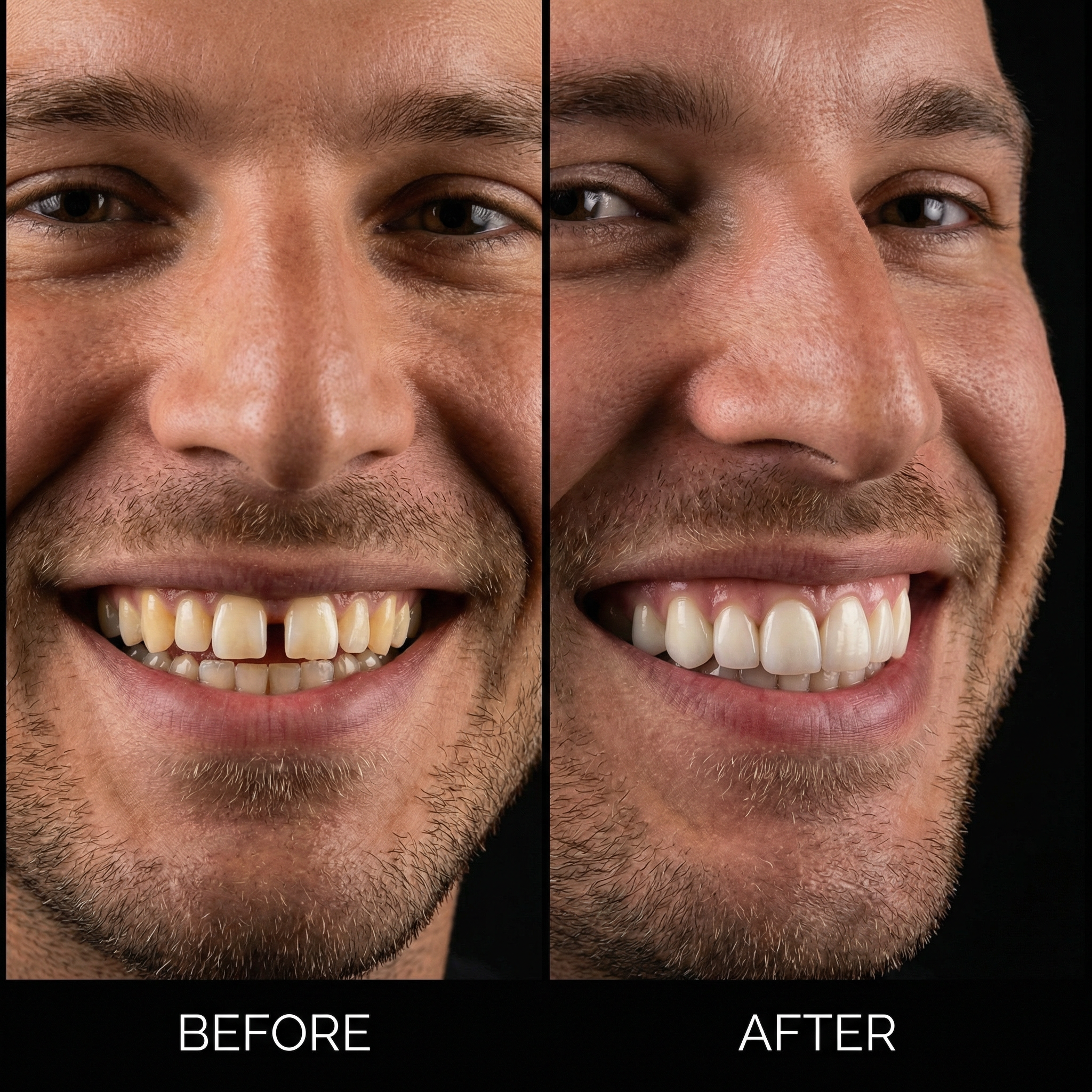 Before and after porcelain veneers gap closure at Veda Dental Aesthetics West New York NJ