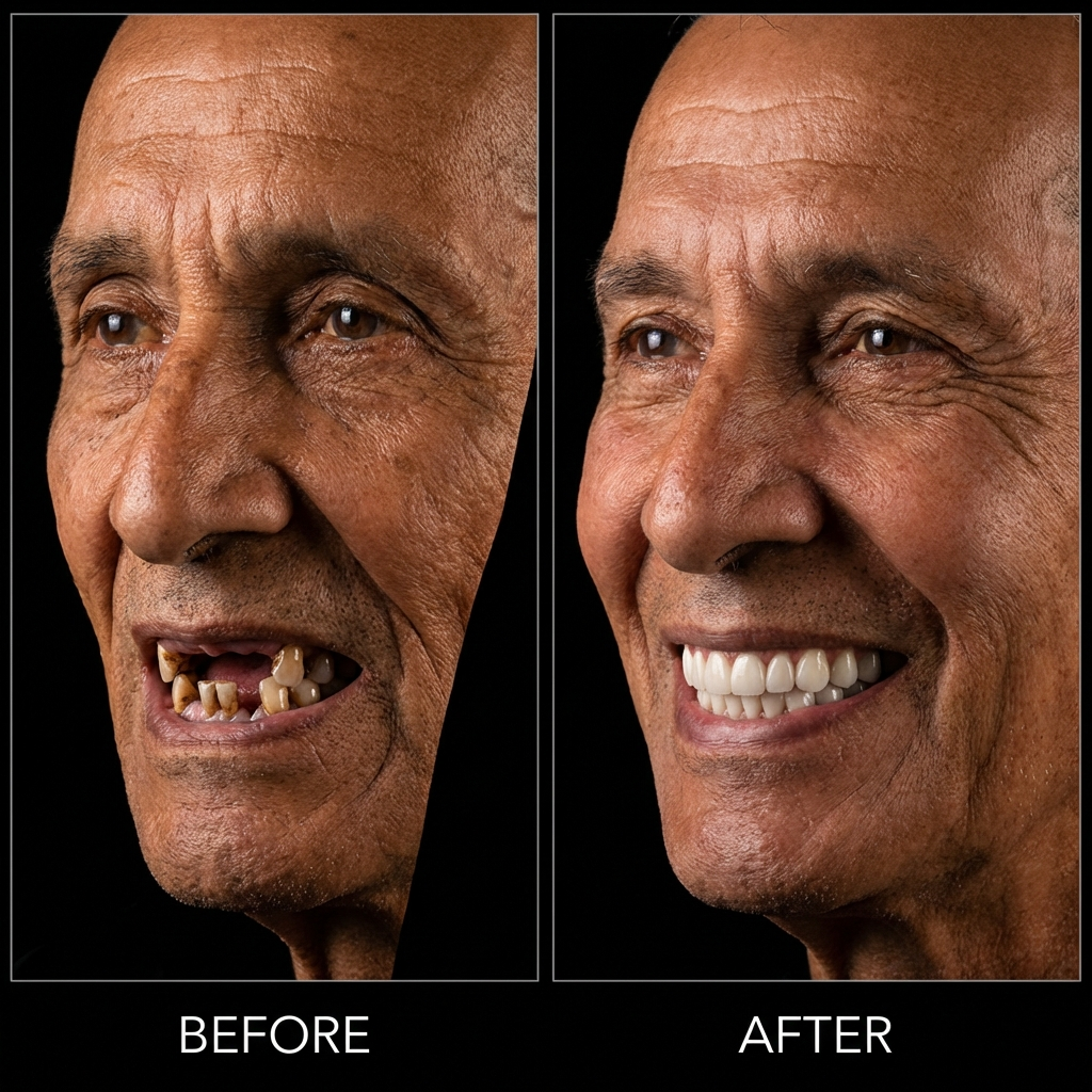 Before and after All-on-4 full mouth dental implants restoration at Veda Dental Aesthetics West New York New Jersey