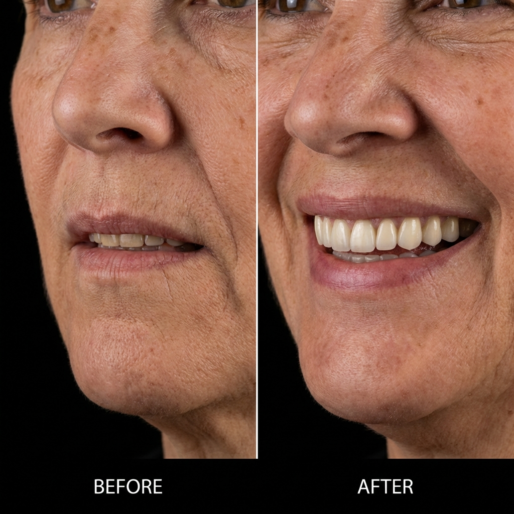 Before and after denture to dental implant conversion at Veda Dental Aesthetics West New York New Jersey