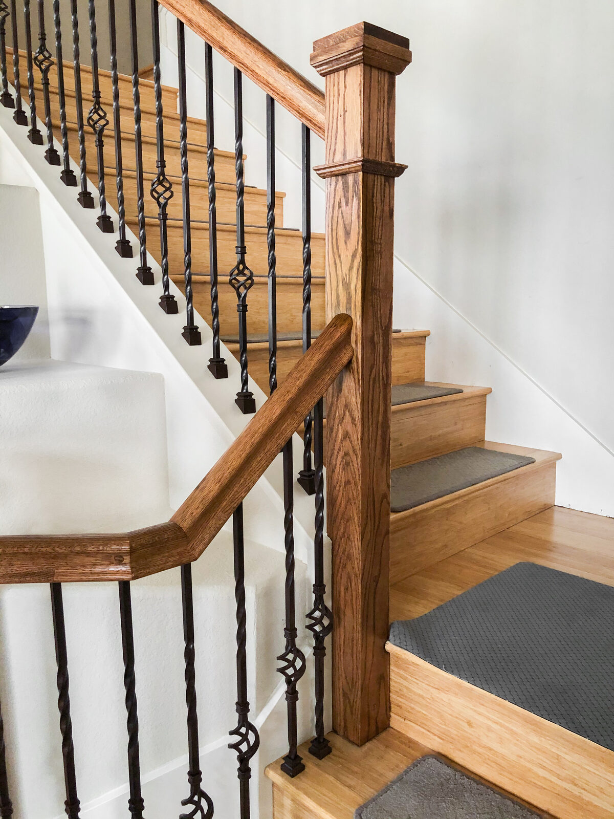 Refinished staircase with iron balusters and carpet runner, Lincoln CA