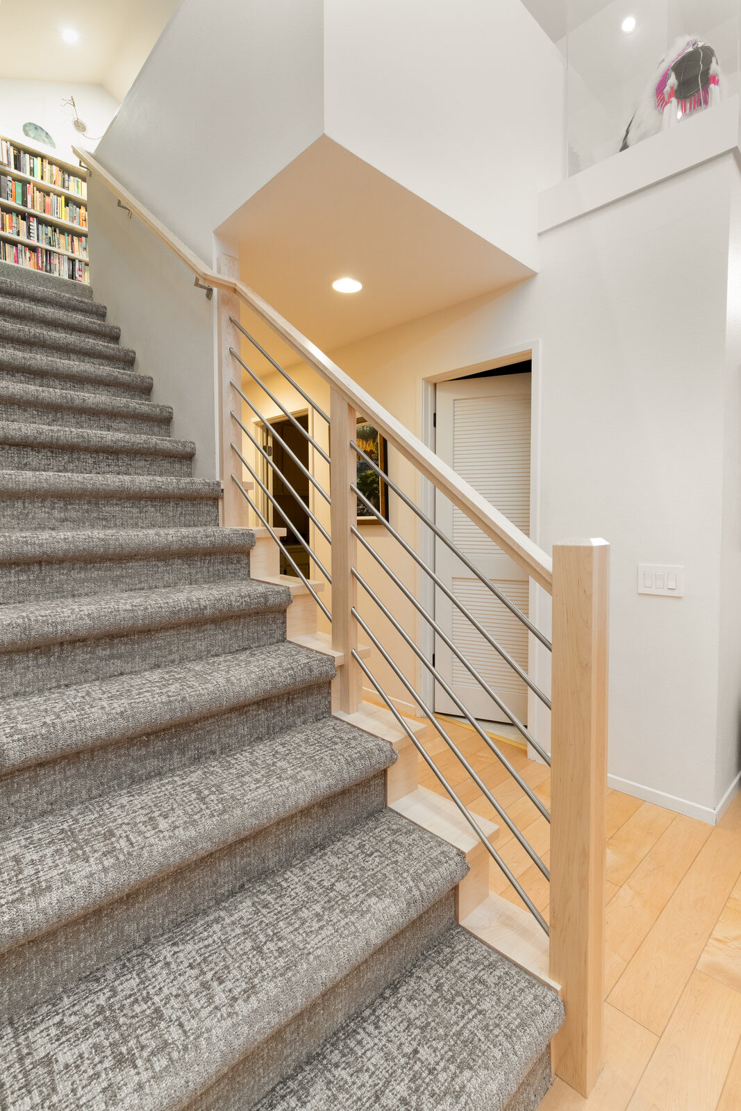 Finished staircase with carpet runner and wood handrail, Roseville CA