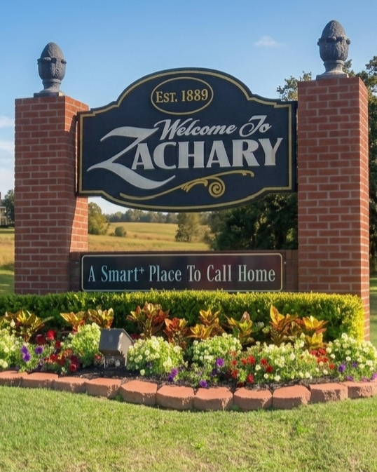Zachary, Louisiana welcome sign and hometown main street