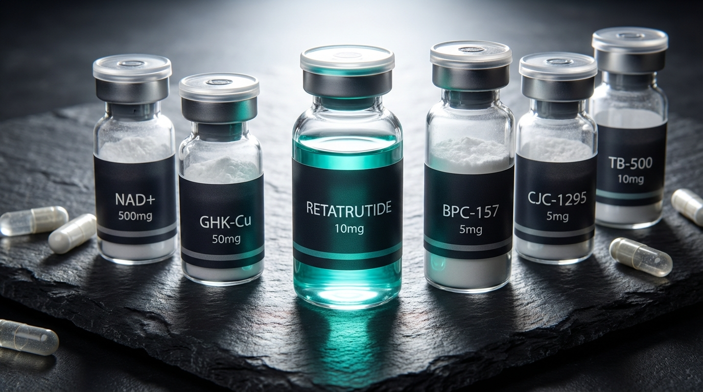 BPC-157 Retatrutide CJC-1295 TB-500 GHK-Cu NAD+ peptide vials