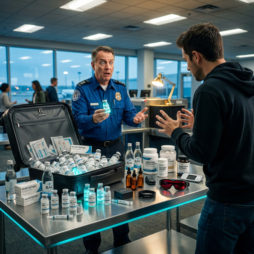 Traveler with suitcase full of peptides at TSA Traveler with suitcase full of peptides at TSA