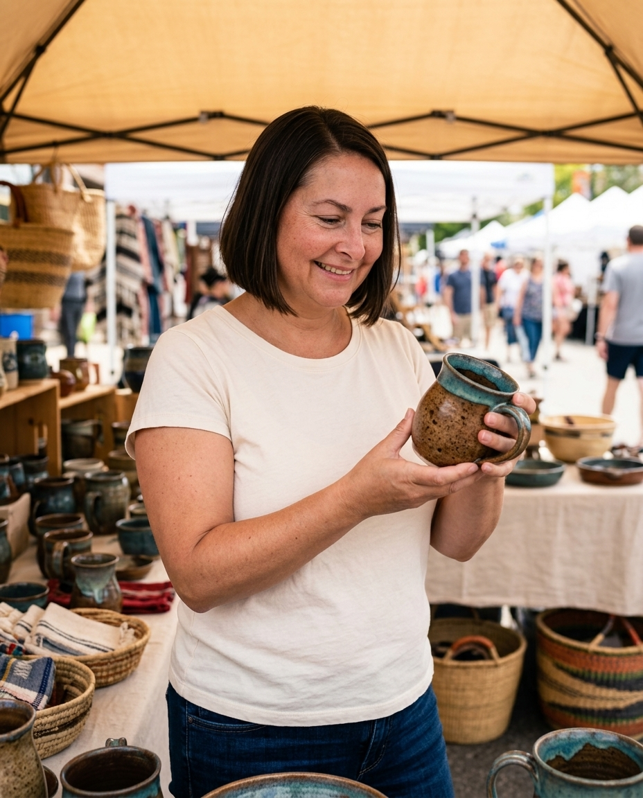Artist at an outdoor art market examining pottery