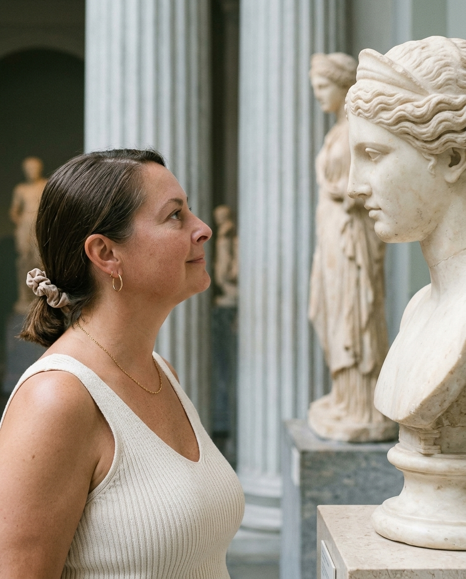 Artist at a museum looking at a classical marble bust