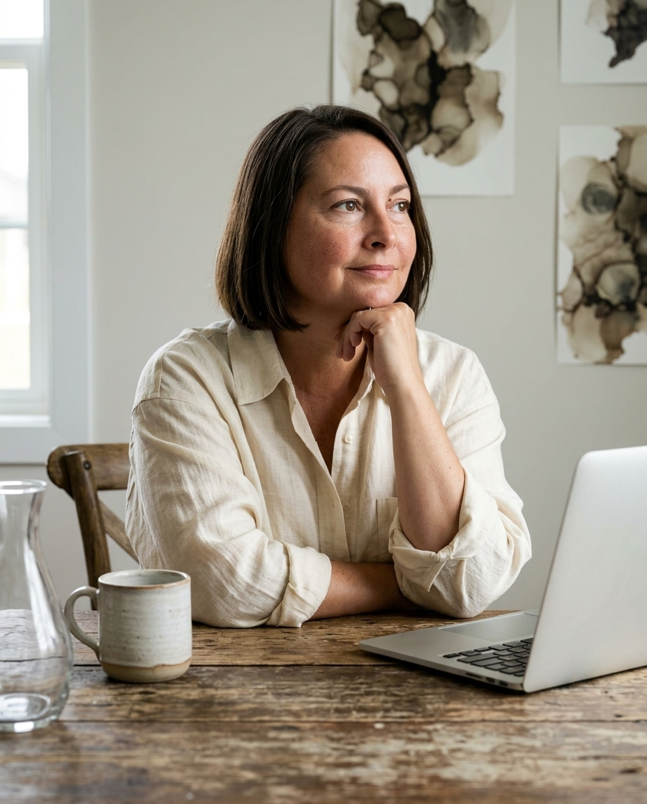 Nora at a wooden table with laptop and coffee