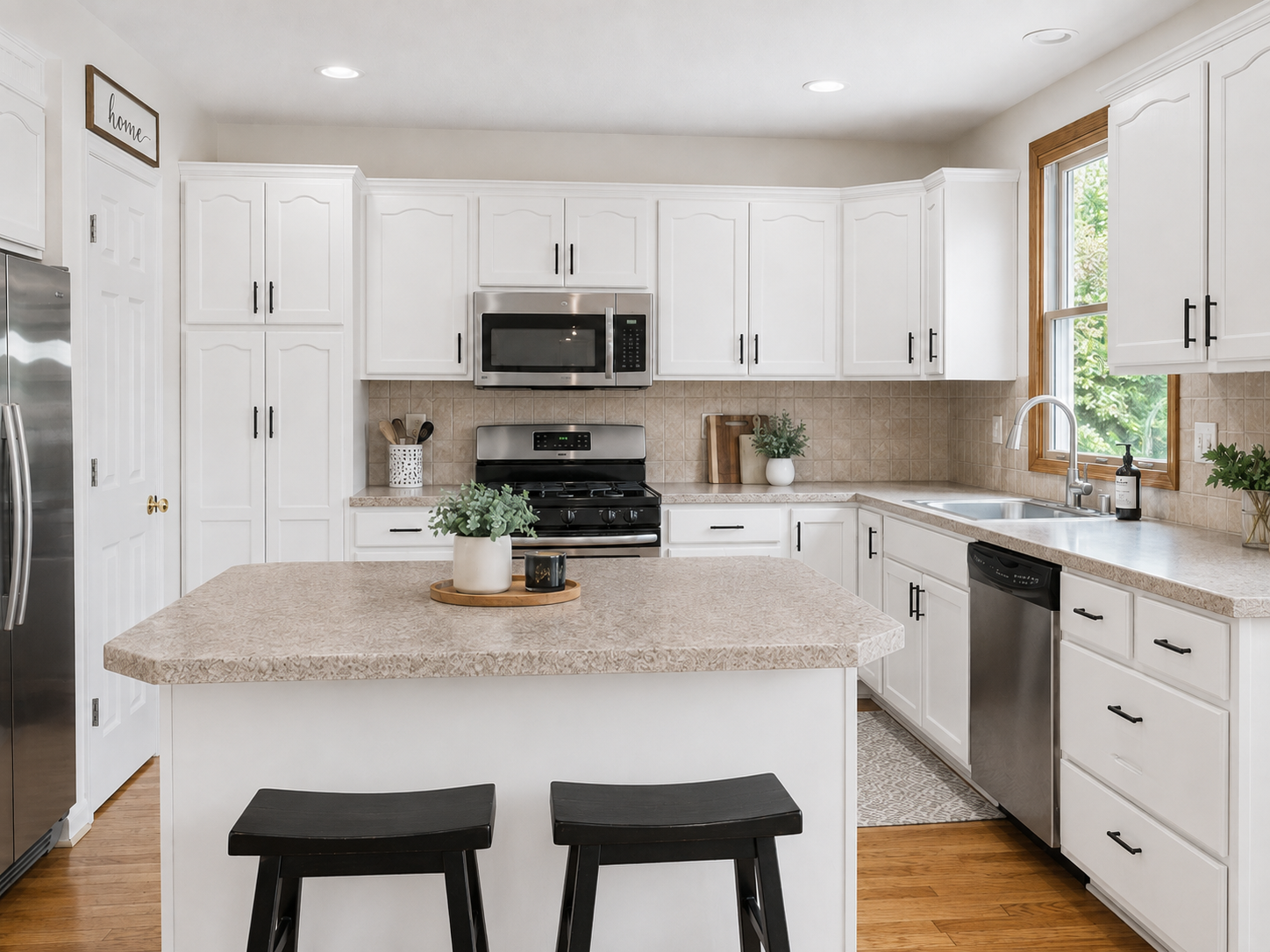 Kitchen with refreshed painted cabinets and hardware