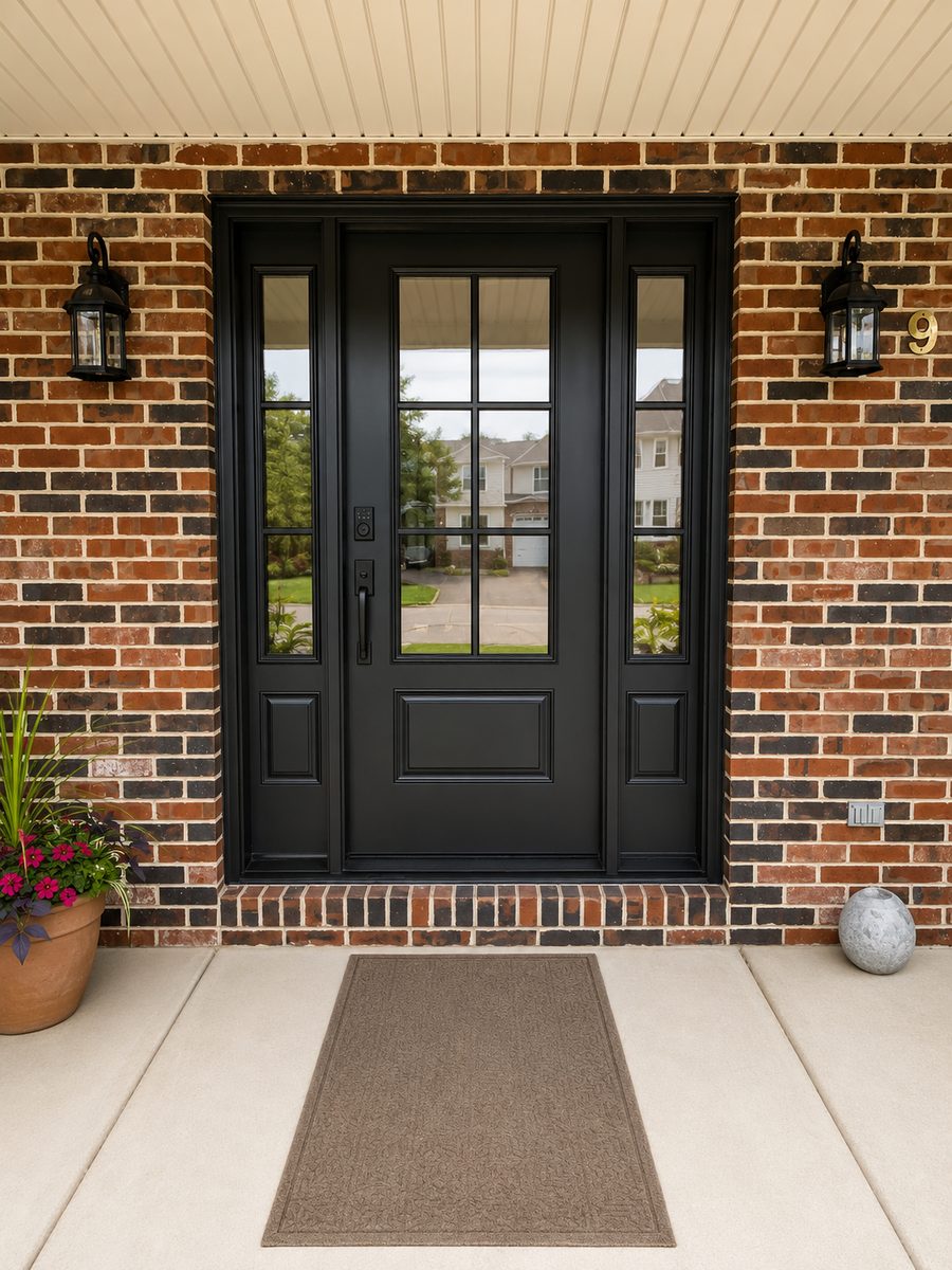 Black entry door with sidelights on a brick home